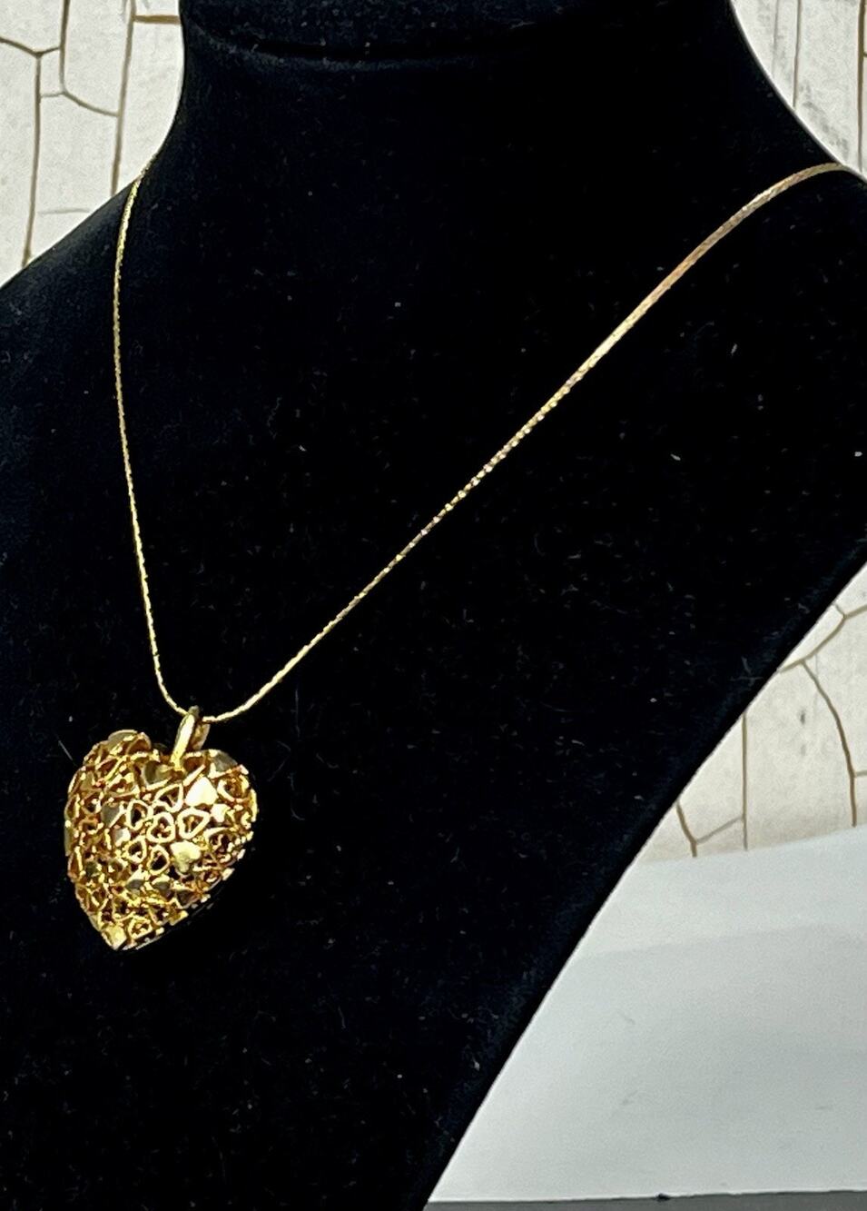 Puffy 14K Yellow Gold Plated Filigree Heart Pendant on 12K GF Chain Necklace
